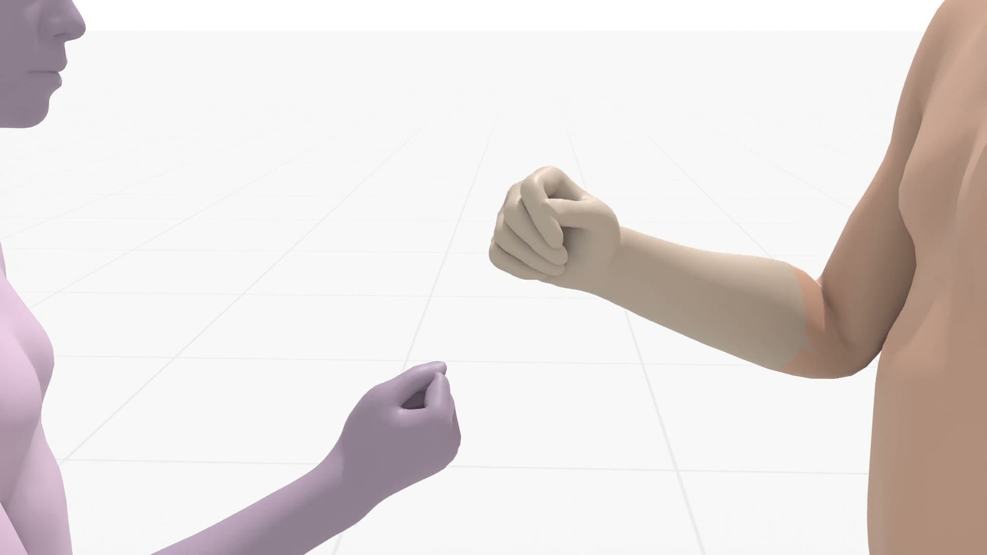 Two characters play rock, paper, scissors. Hand shapes come directly from the prompt.