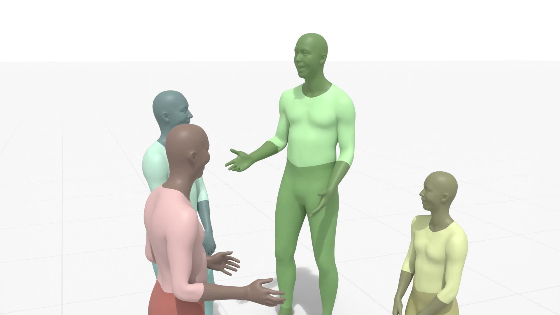 Four people in conversation, generated together from one prompt.