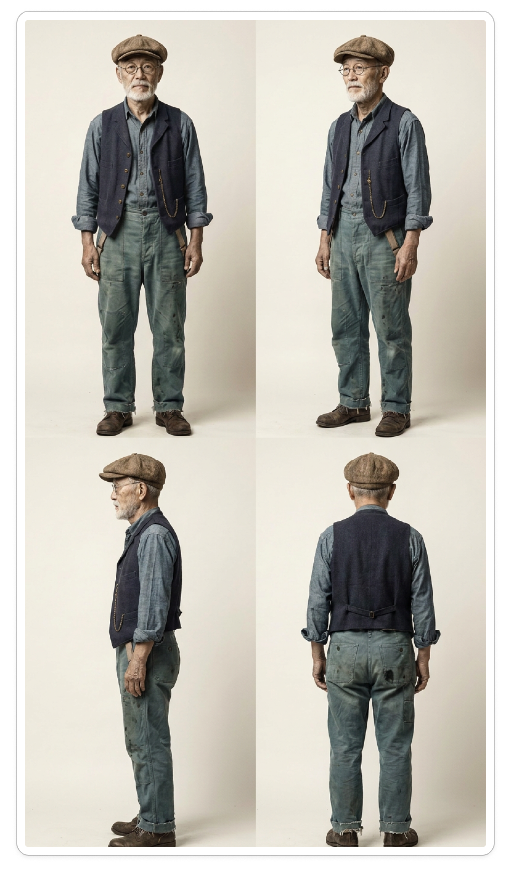 Four-view character reference sheet of an elderly man in workwear