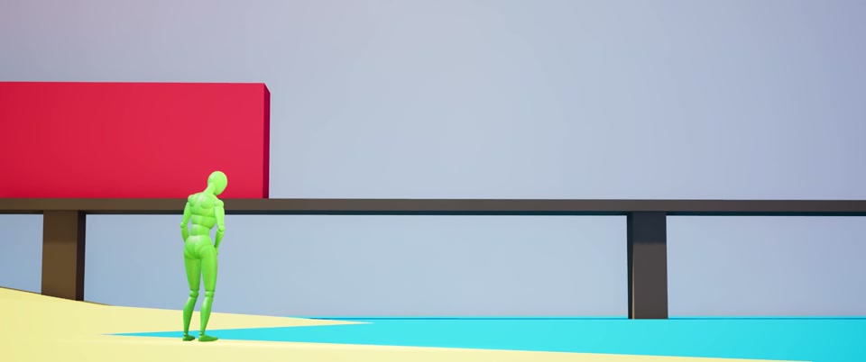 The 3D blocking pass defined the character, camera, and train timing before rendering.