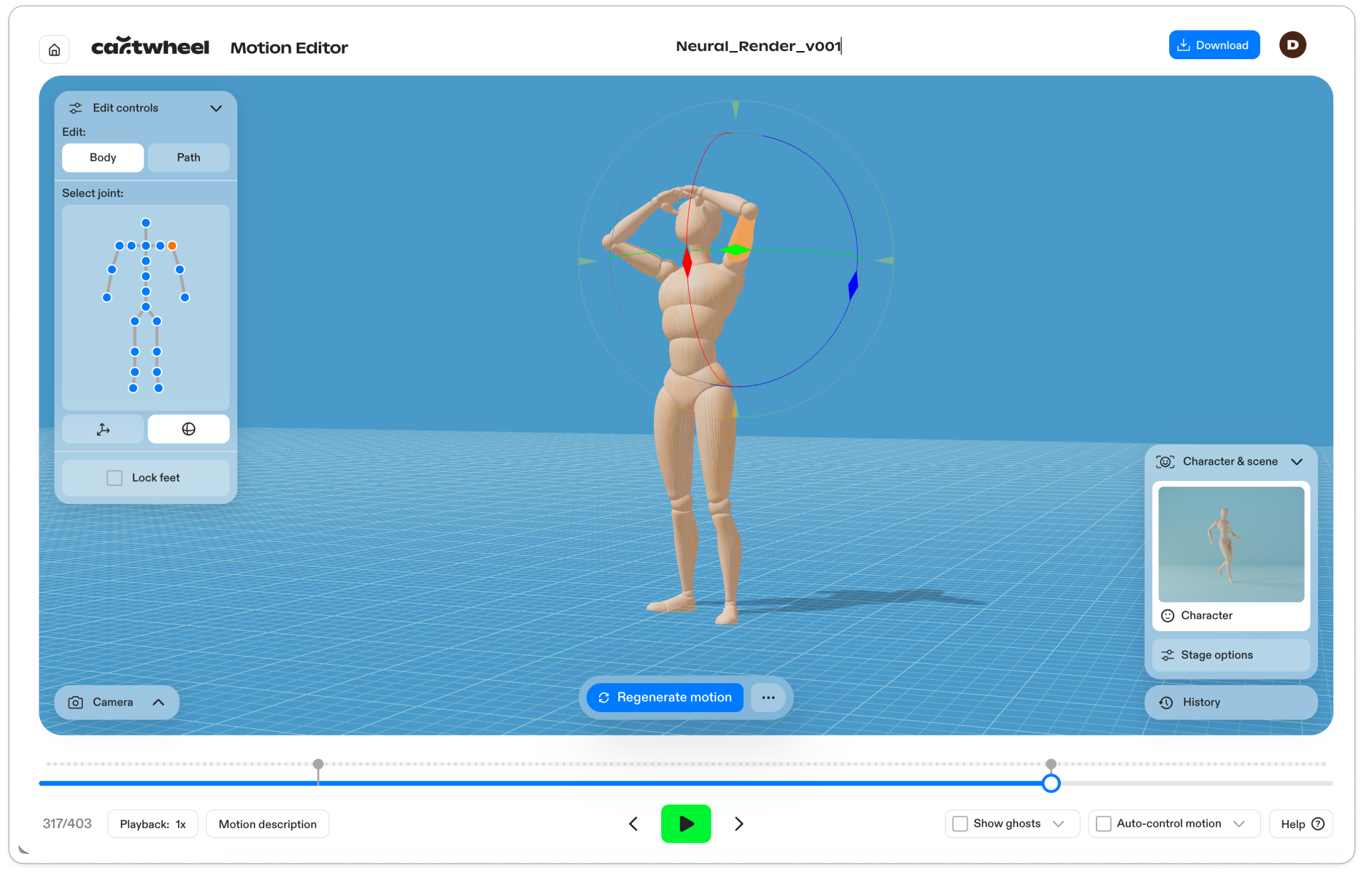 Cartwheel Motion Editor showing a posed character in the neural-rendering scene