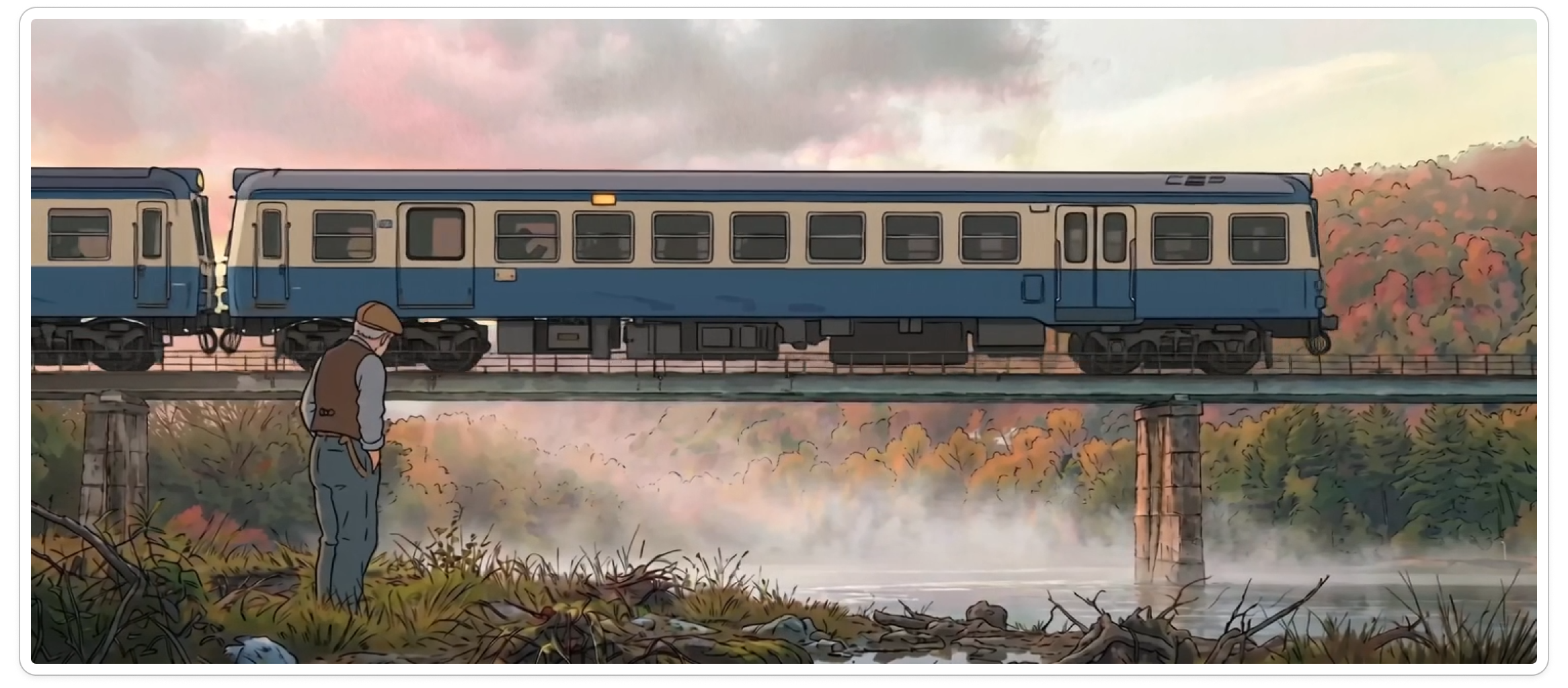 Illustrated final rendering of a blue train crossing a misty river bridge above a man