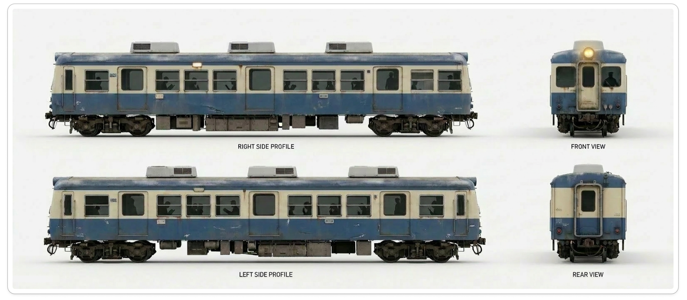 Four-view reference sheet of a weathered blue and cream train