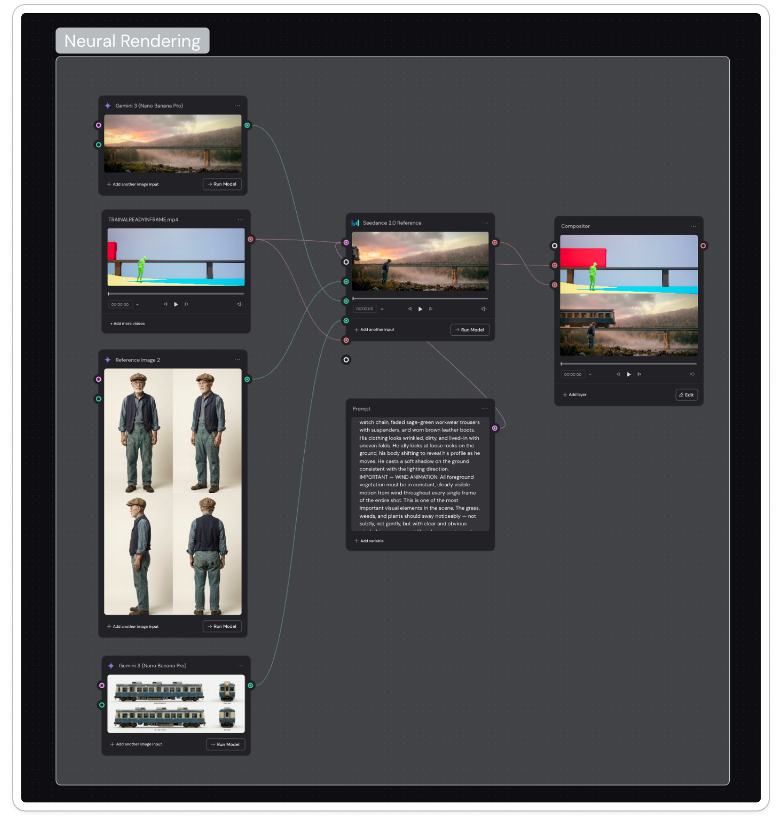 Neural-rendering workflow connecting the blocking video, character, train, environment, and prompt to the final composite