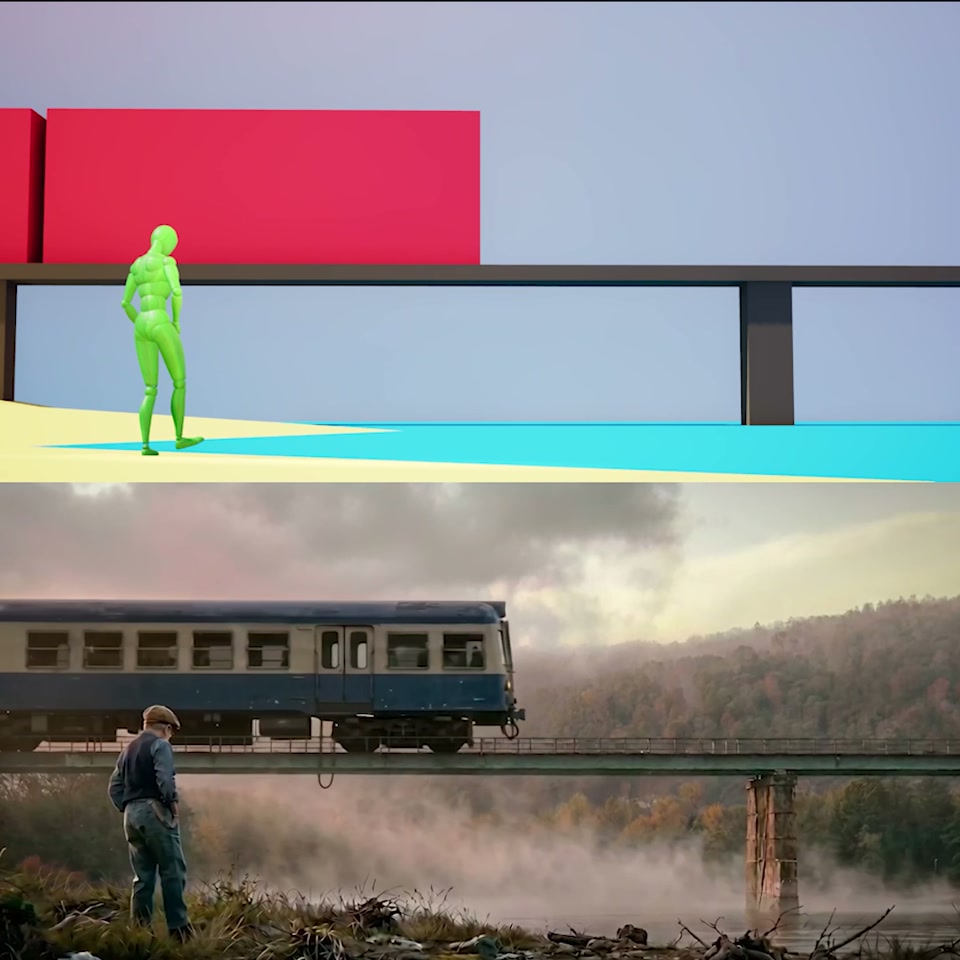 A 3D blocking reference above the final neural-rendered train scene
